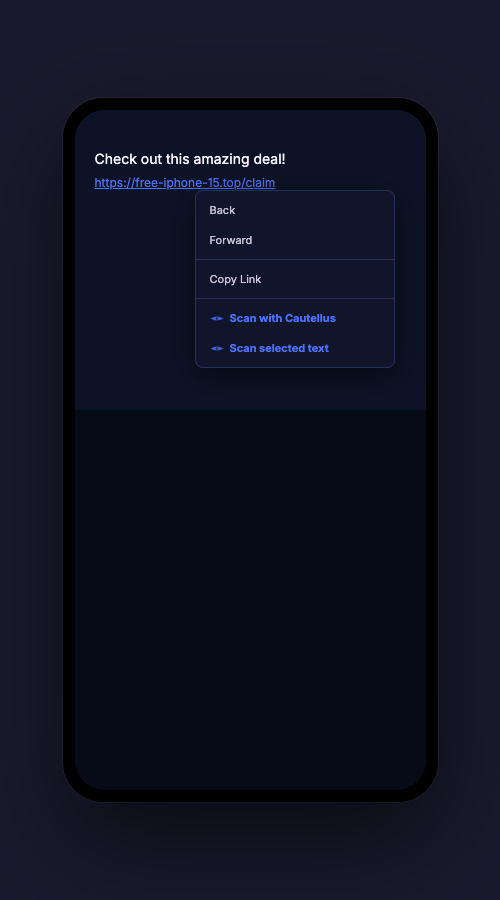 Right-click context menu showing Check this link for scams option