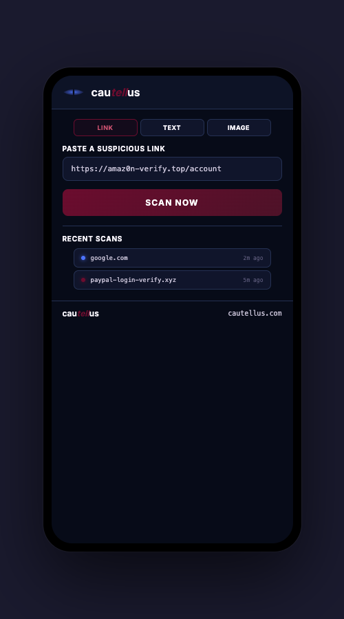 Cautellus extension popup with URL scan tab selected