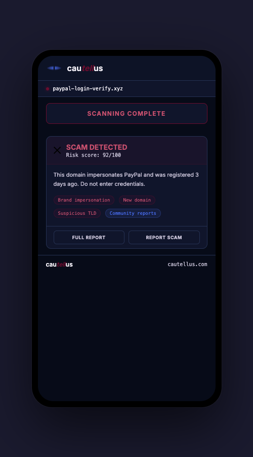 Cautellus extension showing danger result with flags