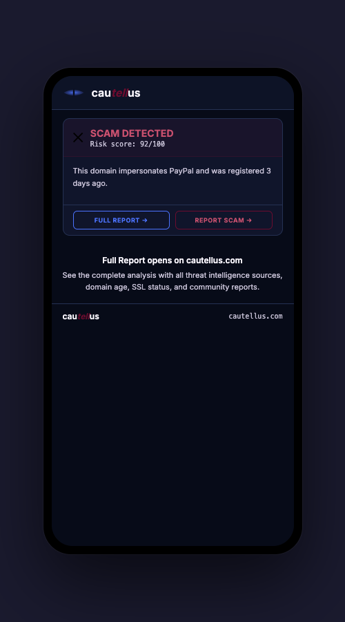Cautellus extension Full Report and Report Scam buttons